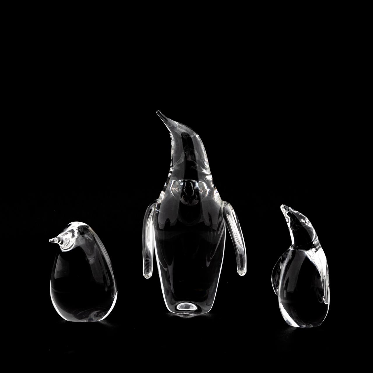 THREE STEUBEN CRYSTAL PENGUIN