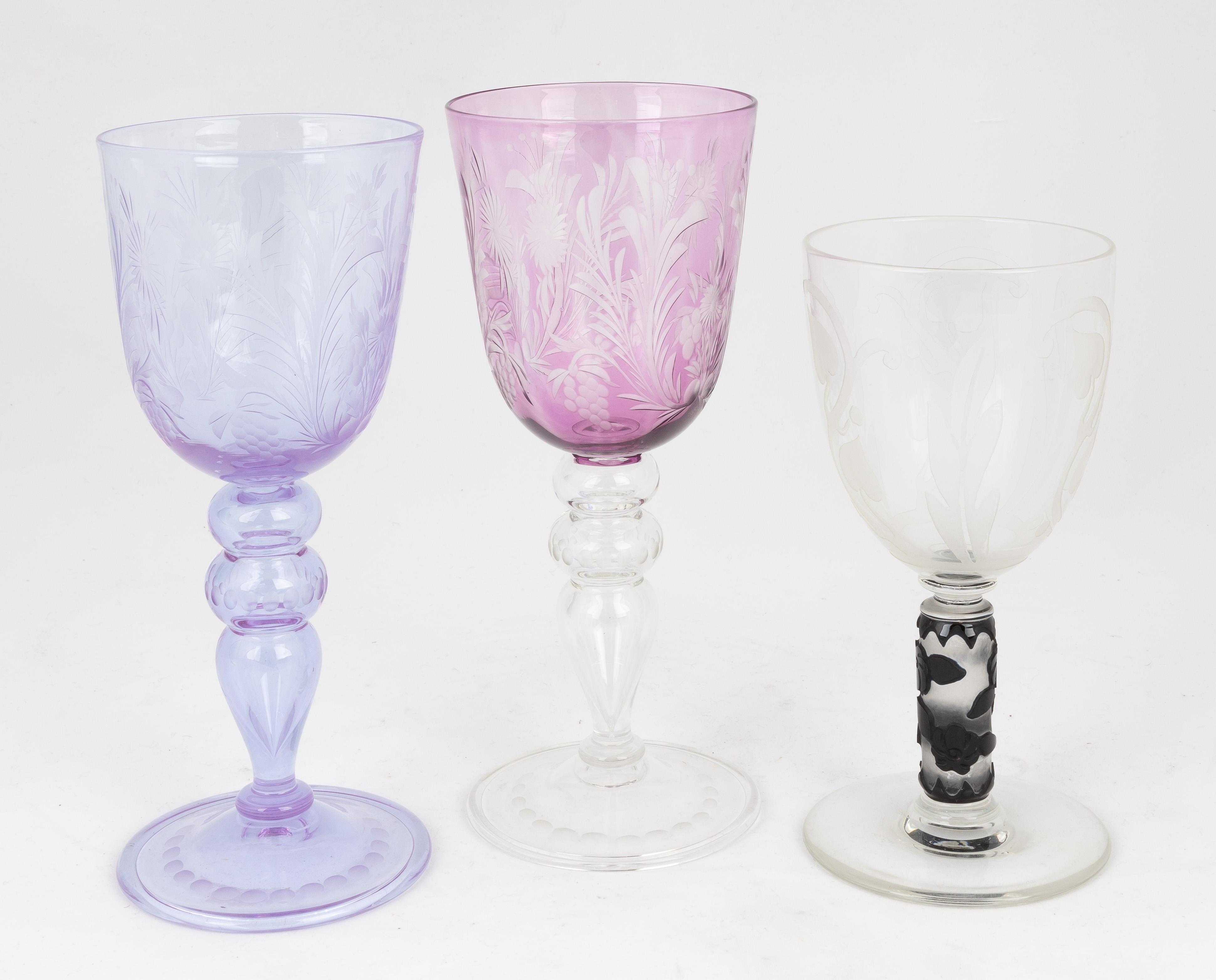 THREE STEUBEN ENGRAVED GOBLETS