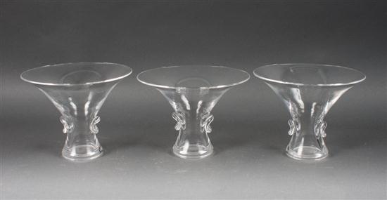 Three Steuben glass trumpet vases