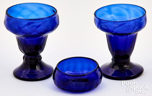 THREE STIEGEL TYPE COBALT GLASS