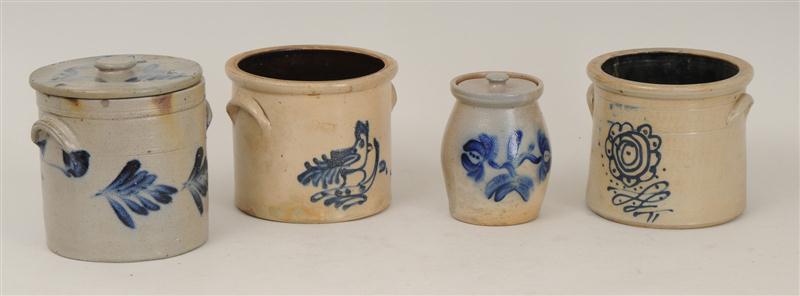 THREE STONEWARE CROCKS AND A POT