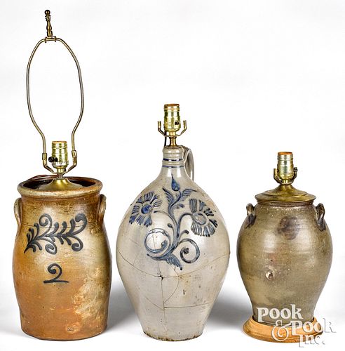 THREE STONEWARE TABLE LAMPS, 19TH