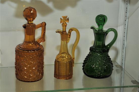 THREE STOPPERED COLORED GLASS