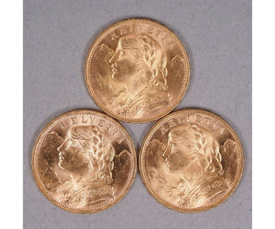 Three Swiss Helvita 20 frans gold