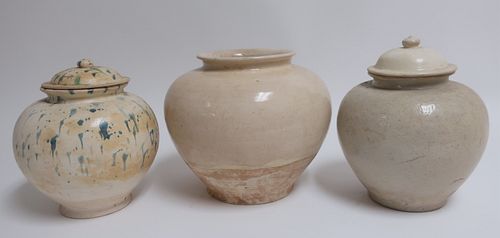 THREE TANG LIDDED JARSThree ovid