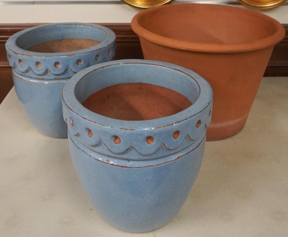 THREE TERRACOTTA FLOWER POTS H OF