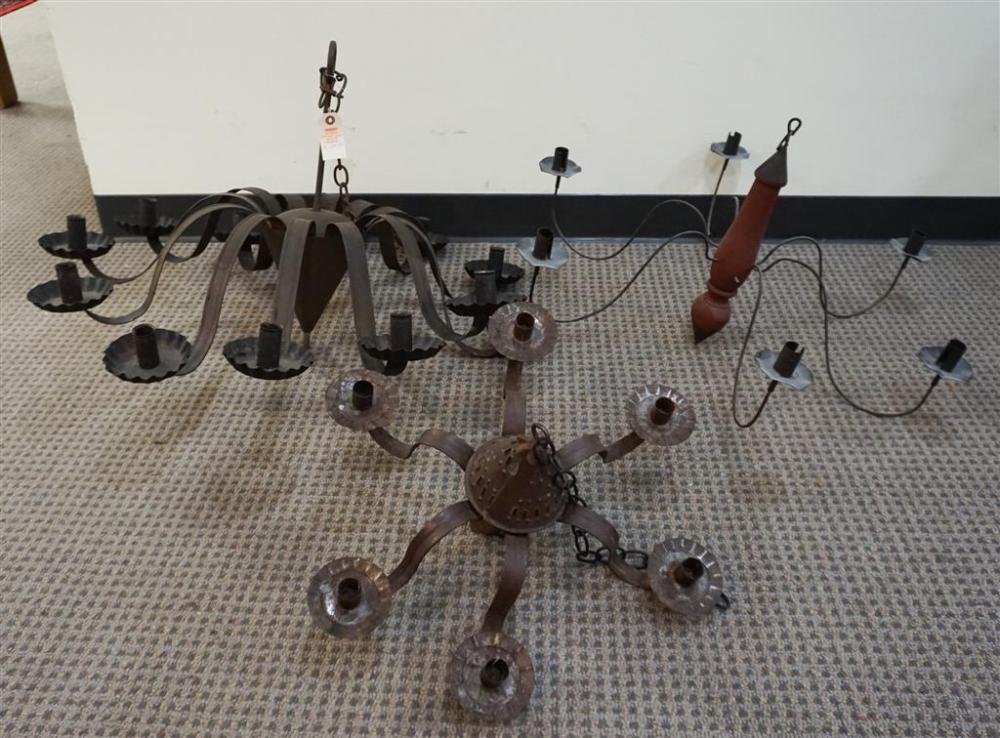 THREE TIN CHANDELIERS, H OF