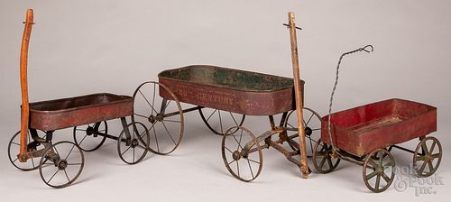 THREE TIN CHILD'S WAGONS, CA.