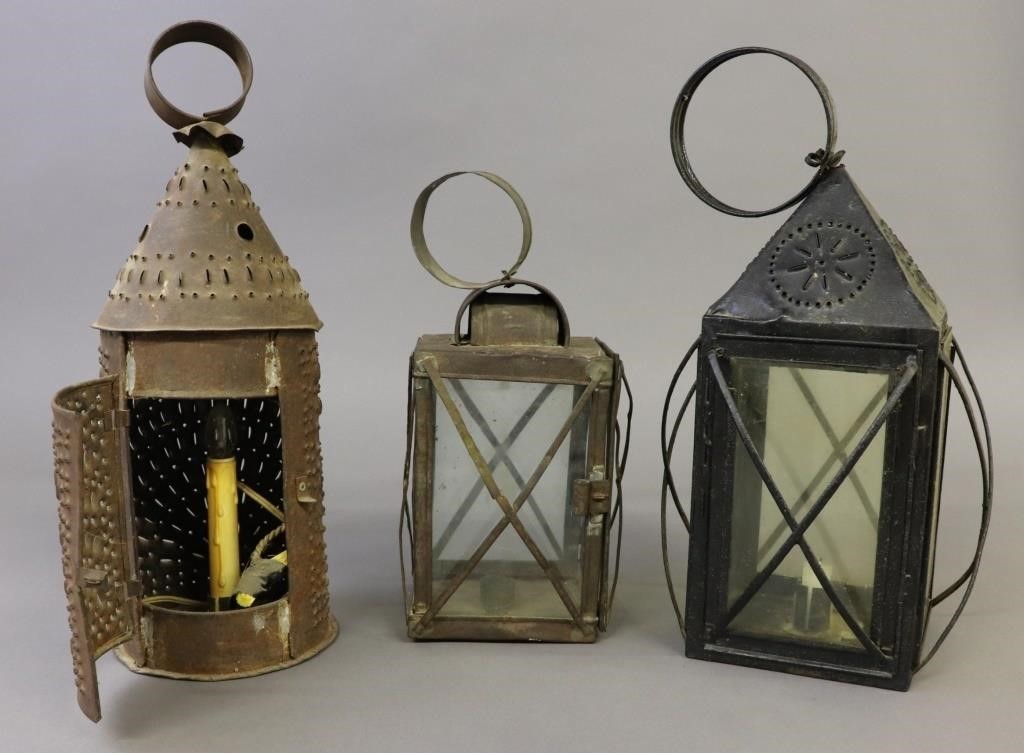 Three tin lanterns, largest 18"h