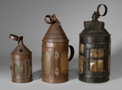 Three tin lanthorns, horn