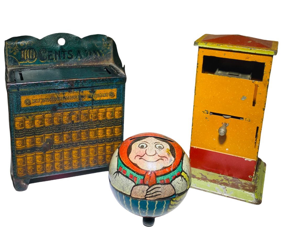 THREE TIN LITHO STILL BANKSThree