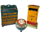 THREE TIN LITHO STILL BANKS<br