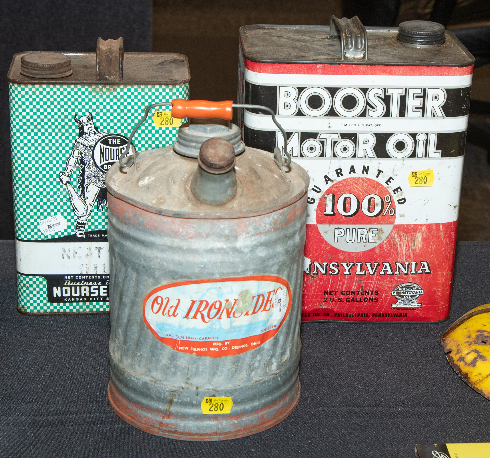 THREE TIN LITHOGRAPH MOTOR OIL CANS