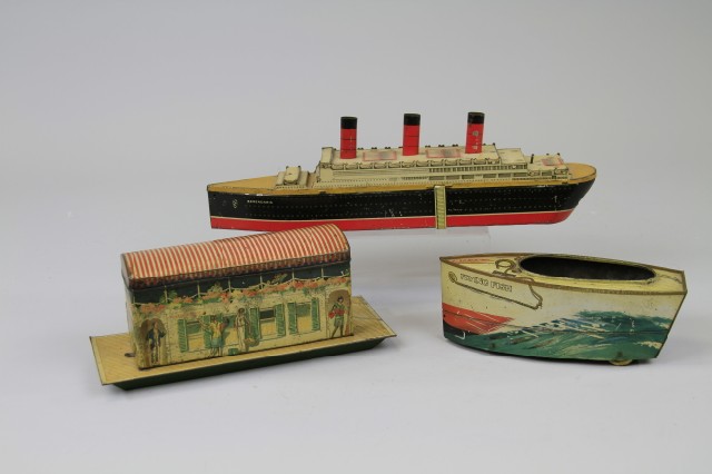THREE TINPLATE BOAT BISCUIT TINS