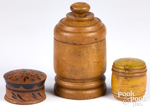 THREE TURNED AND PAINTED LIDDED