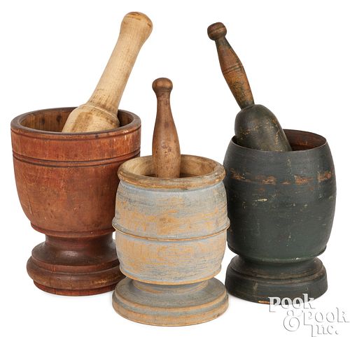 THREE TURNED AND PAINTED MORTAR AND