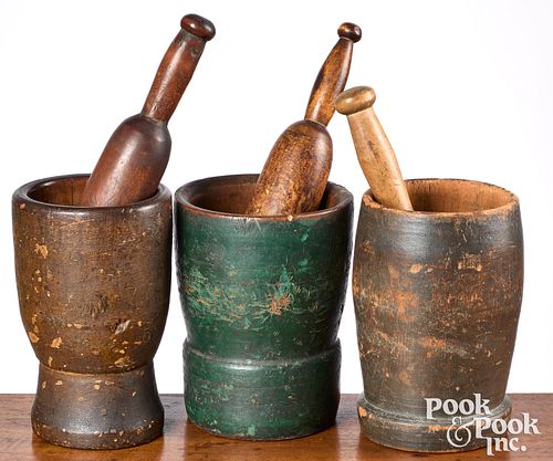 THREE TURNED AND PAINTED MORTAR AND