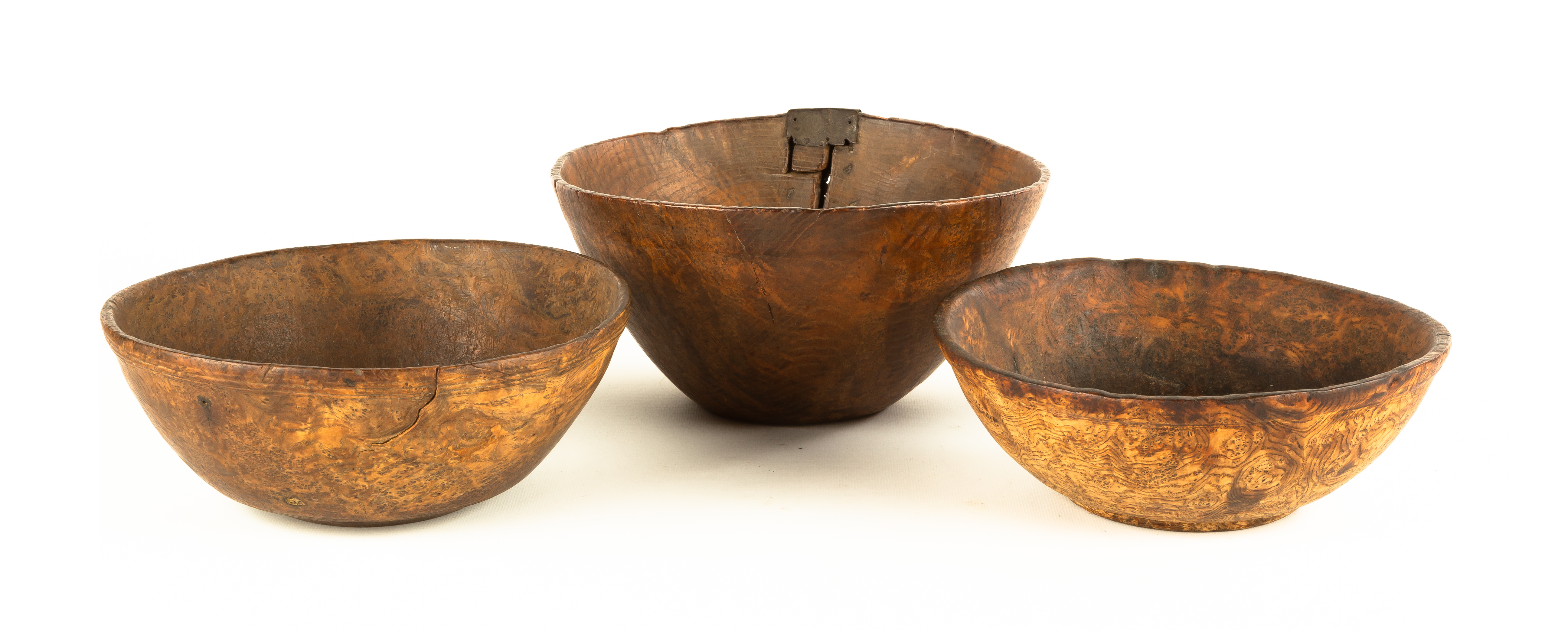 THREE TURNED BURL BOWLS Early