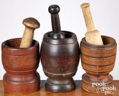 THREE TURNED MORTAR AND PESTLE