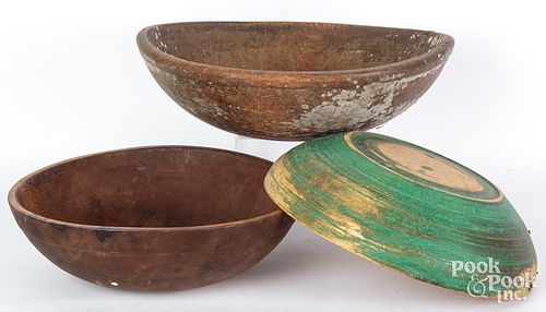 THREE TURNED WOOD BOWLS, 19TH