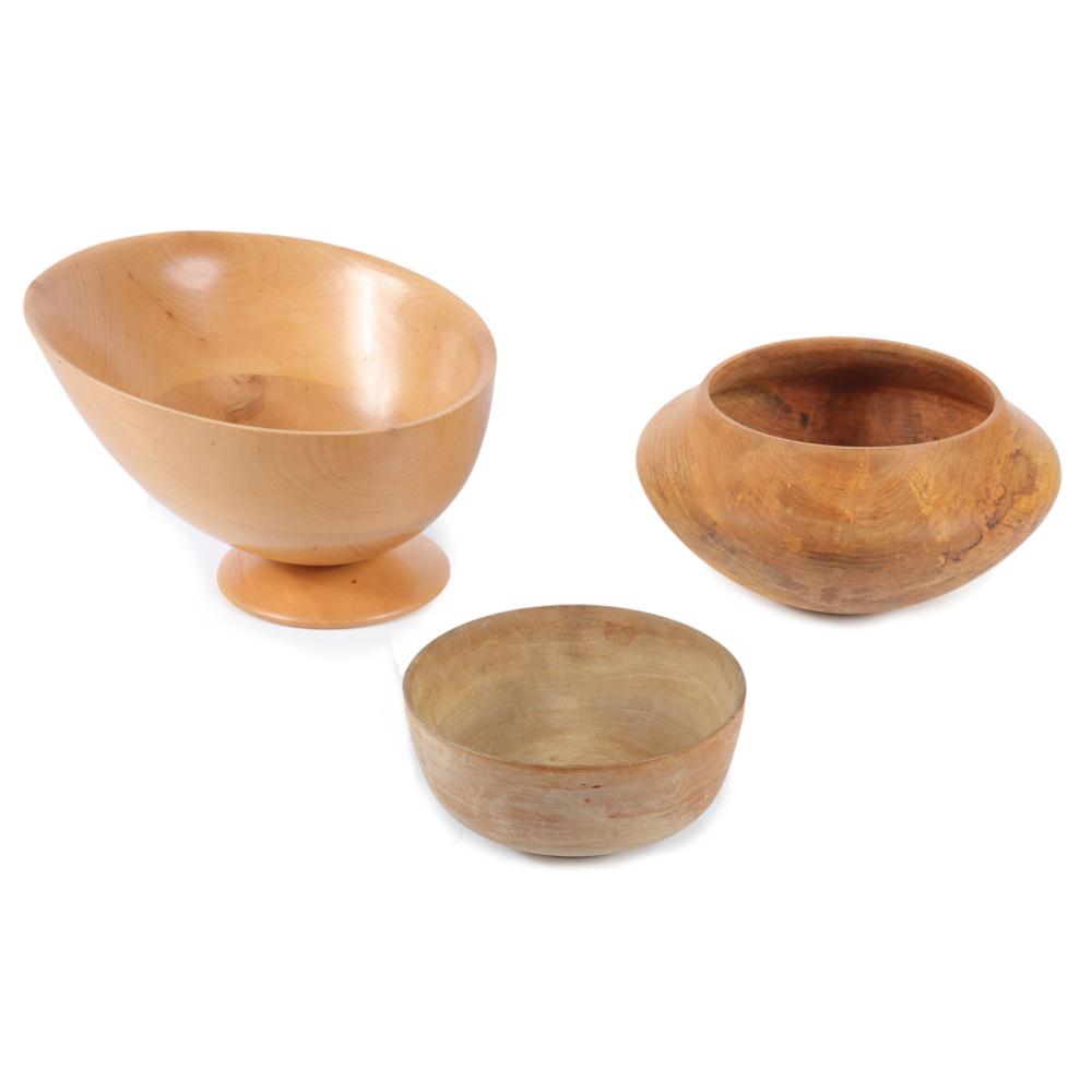 THREE TURNED WOOD BOWLS INCLUDING