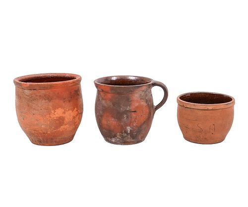 THREE UNGLAZED REDWARE POTSThree