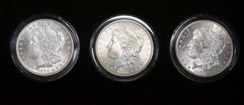 THREE U.S. MORGAN SILVER DOLLARS,