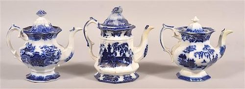 THREE VARIOUS FLOW BLUE CHINA