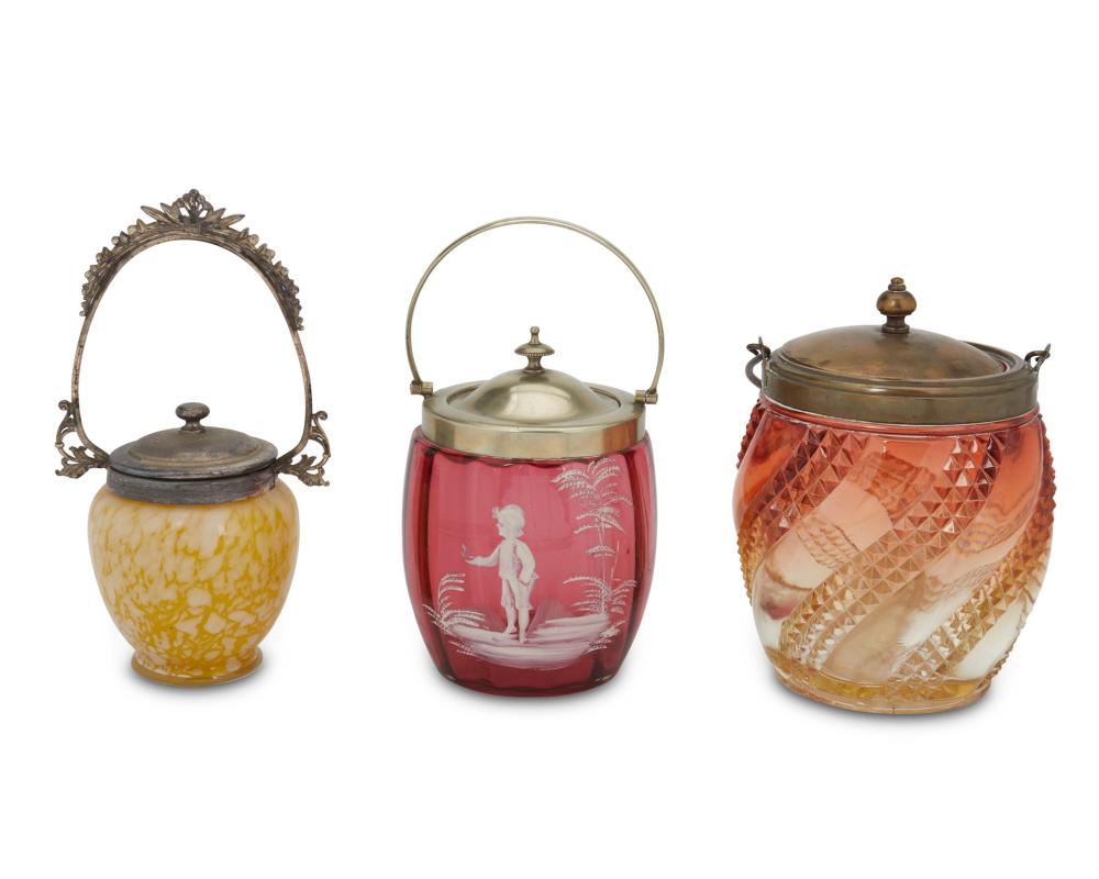 THREE VICTORIAN ART GLASS BISCUIT