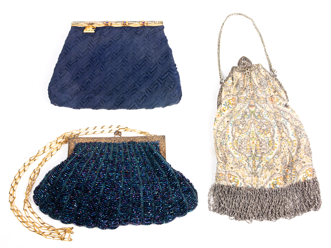 THREE VINTAGE BEADED OR SILK
