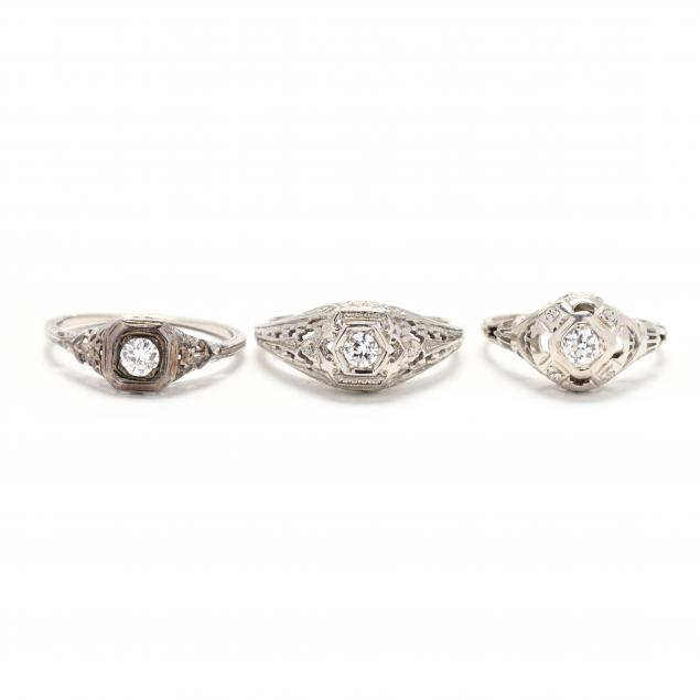 THREE VINTAGE WHITE GOLD AND