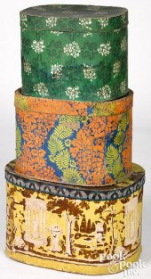 THREE WALLPAPER HAT BOXES, MID