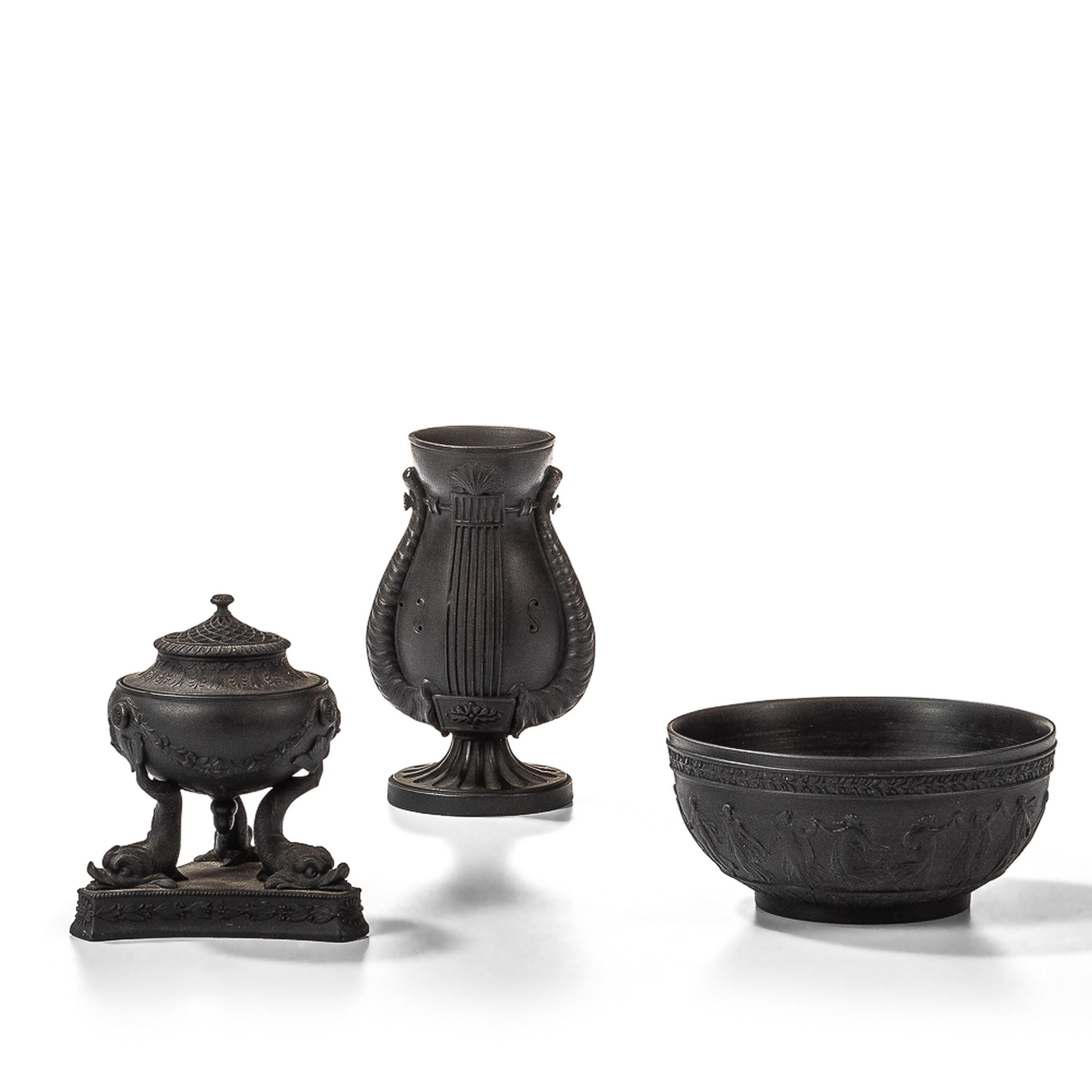 THREE WEDGWOOD BLACK BASALT