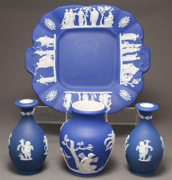 Three Wedgwood blue and white