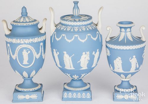 THREE WEDGWOOD BLUE JASPERWARE