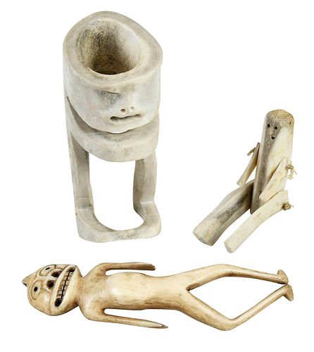 THREE WHALEBONE INUIT CARVED