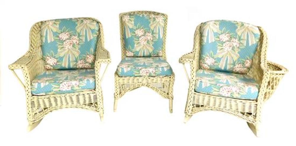 THREE WHITE WICKER CHAIRS,