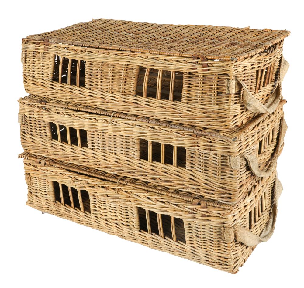 THREE WICKER PIGEON BASKETSone with
