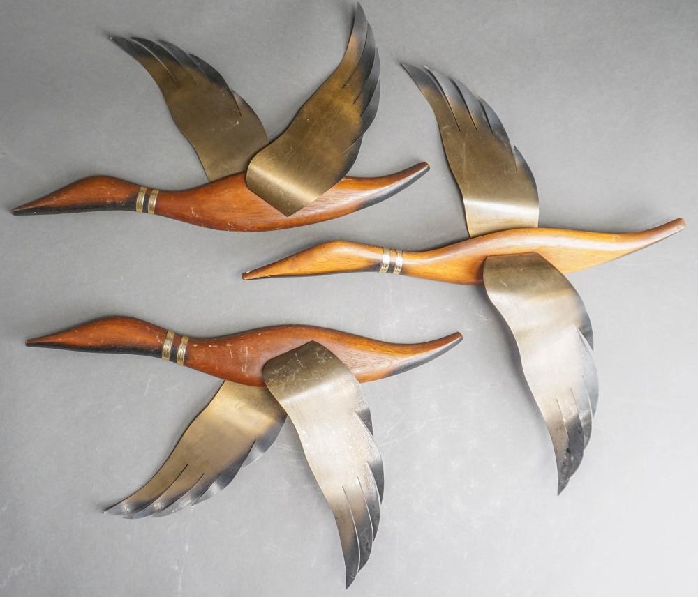 THREE WOOD AND BRASS DUCK FORM WALL