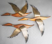 THREE WOOD AND BRASS DUCK FORM