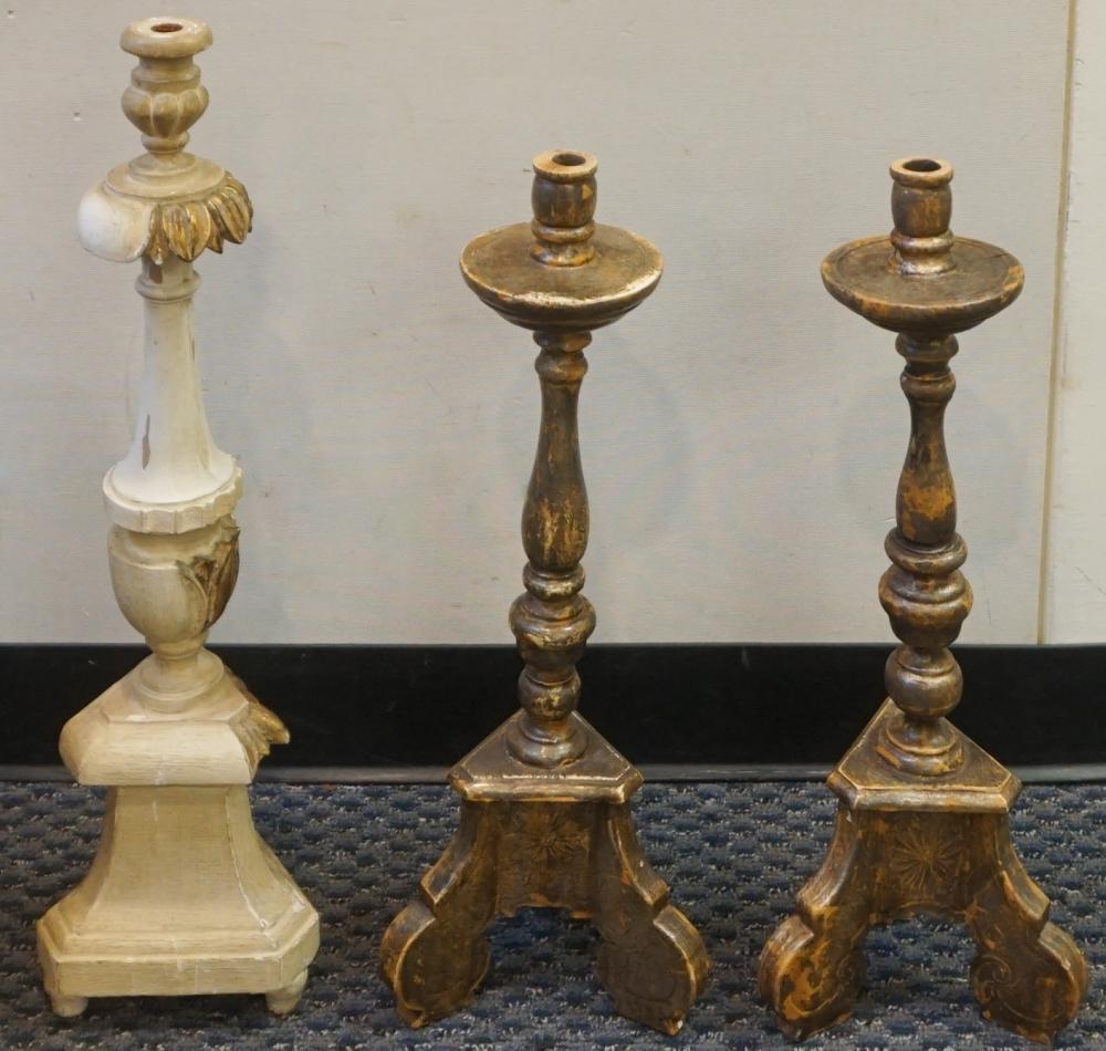 THREE WOOD CANDLESTICKS, H OF
