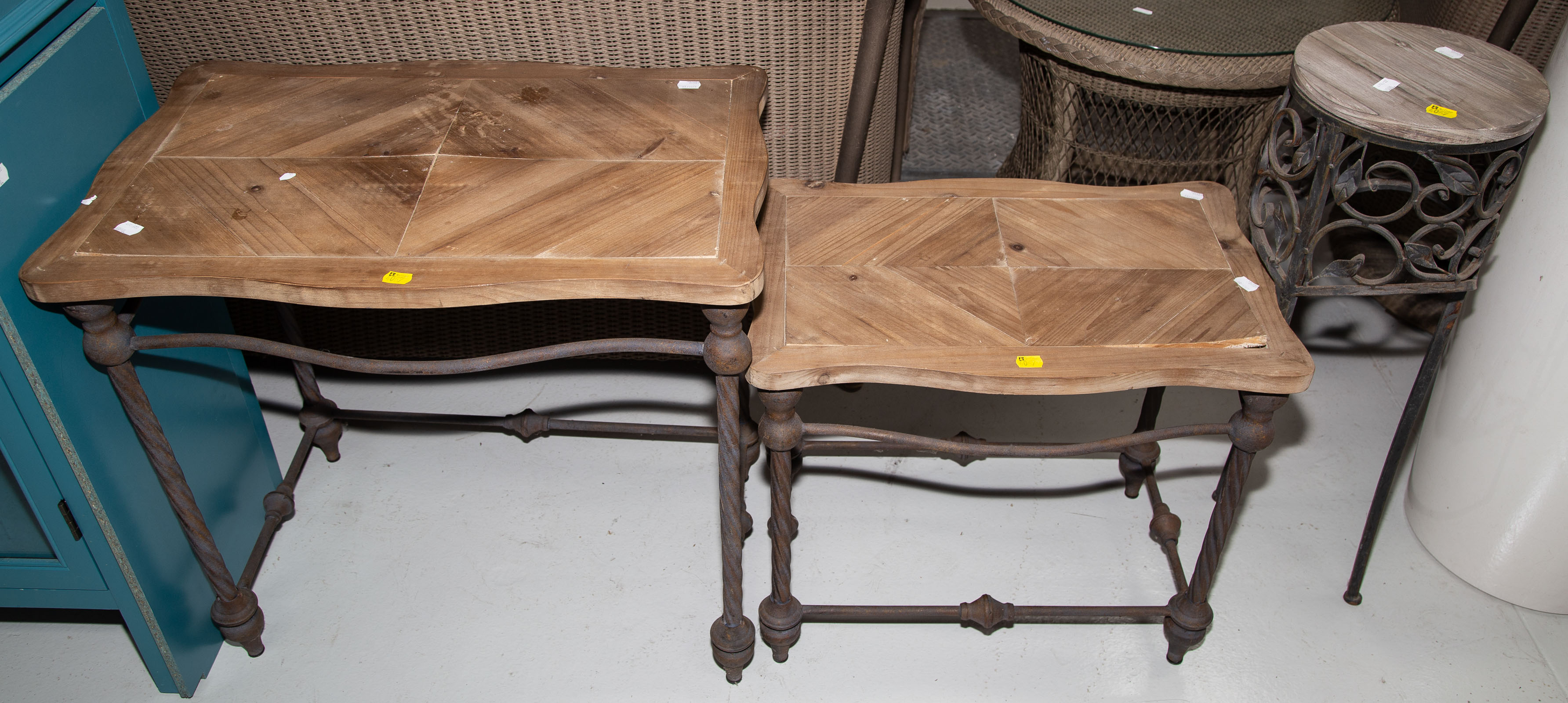 THREE WOOD TOP TABLES WITH CAST