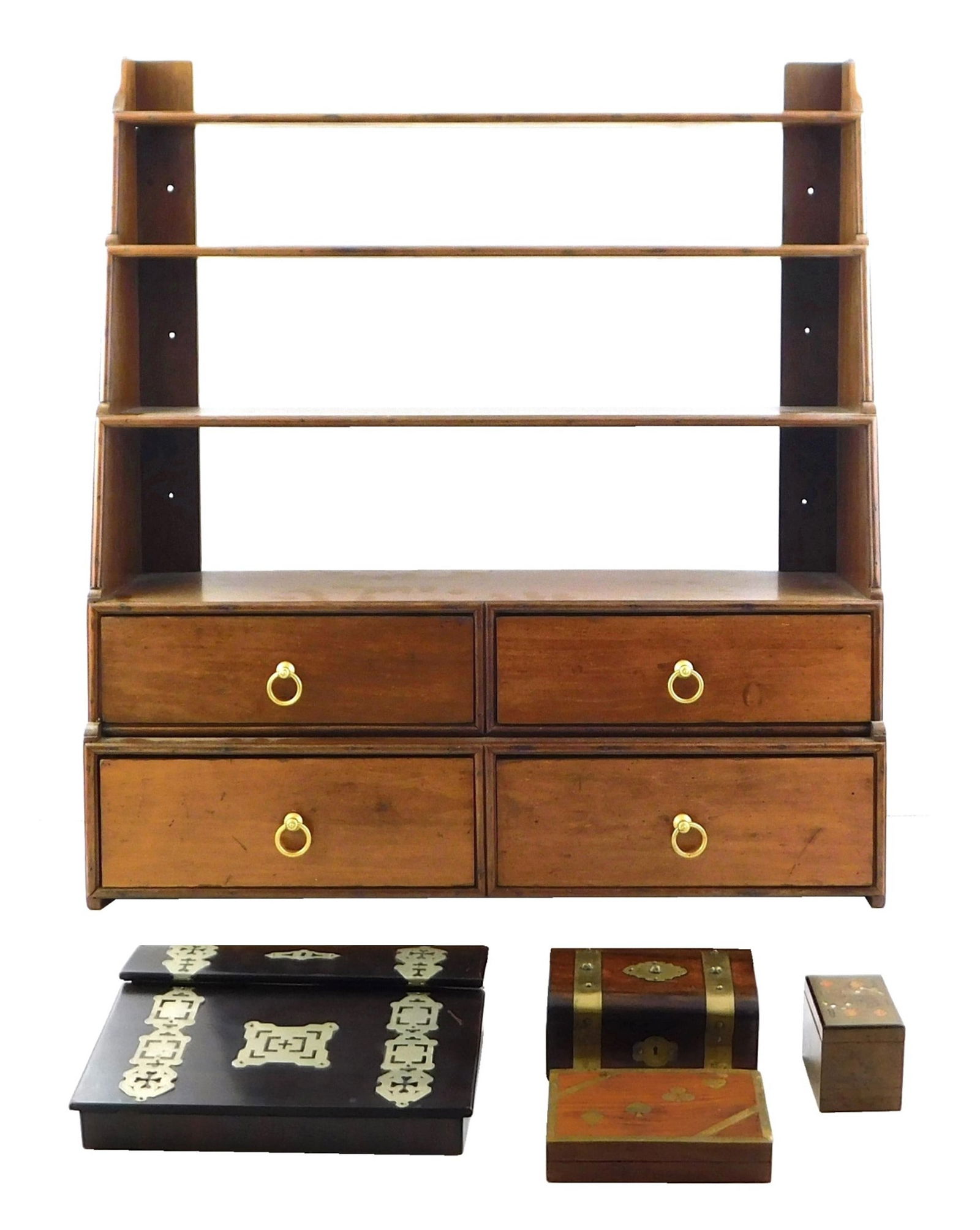 THREE WOODEN BOXES, LAP DESK, AND A