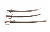 THREE WOODEN HANDLED SWORDS AN
