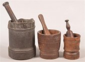 THREE WOODEN MORTAL & PESTLES.