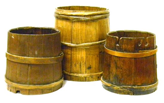 Three wooden stave buckets  some
