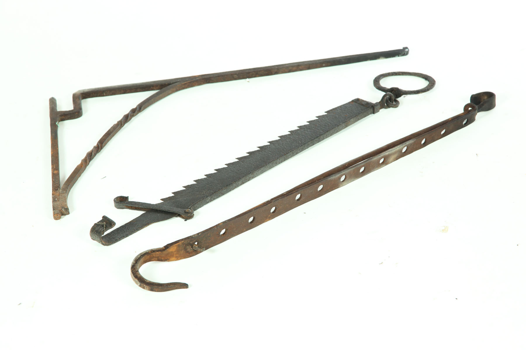 THREE WROUGHT IRON FIREPLACE ITEMS.