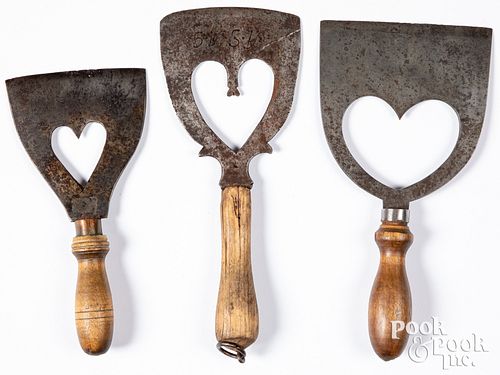 THREE WROUGHT IRON FOOD CHOPPERS,
