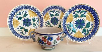 Three yellow and blue faience