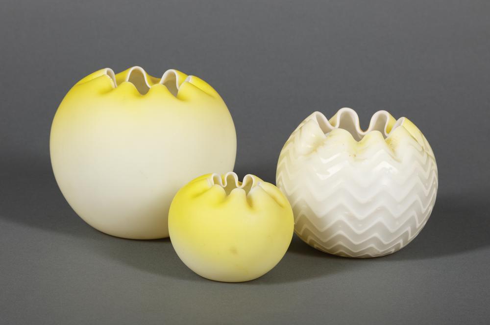 THREE YELLOW SATIN ART GLASS